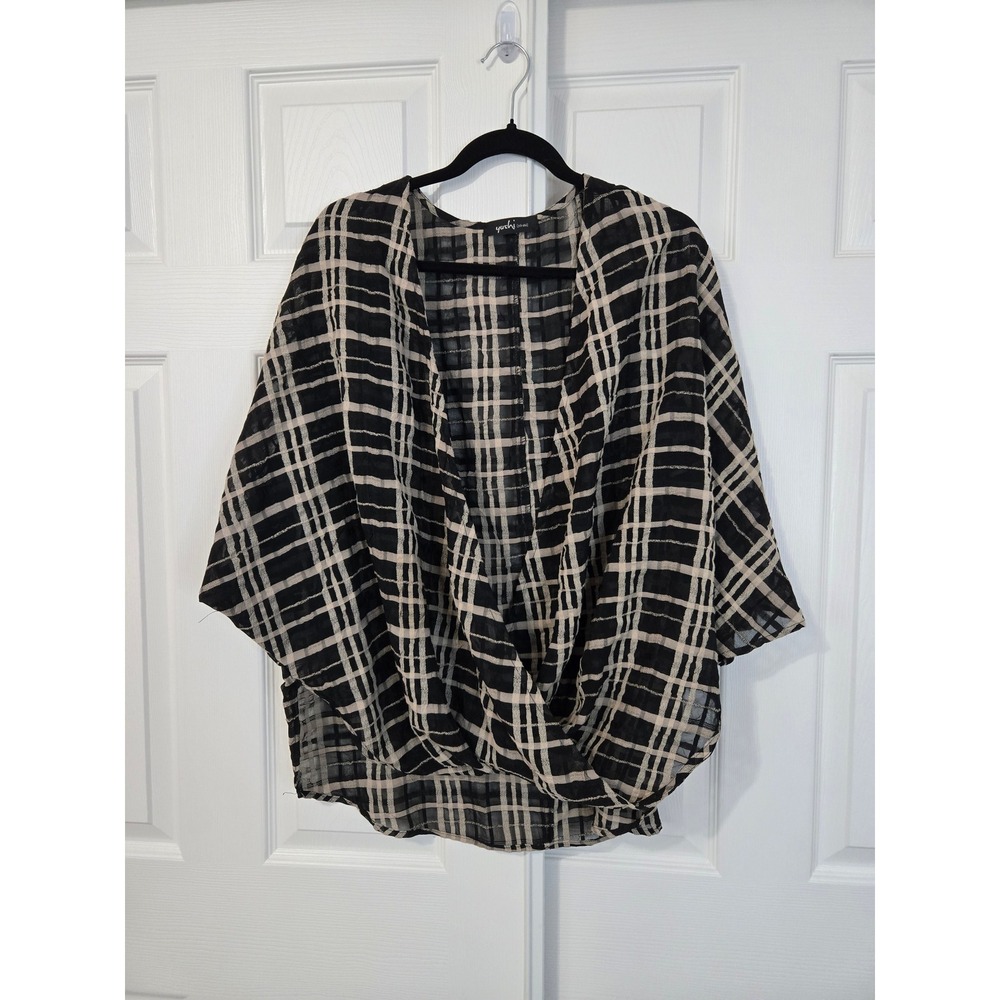 Yushi Sheer Plaid Draped Surplice Top Black Tan Kimono Sleeve Oversized XL